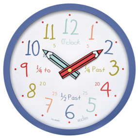 Acctim Alma Teaching Kids Wall Clock Quartz Pencil Hands Quarterly Markers Blue 26cm
