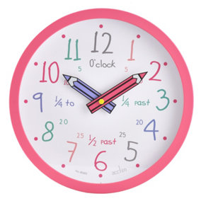 Acctim Alma Teaching Kids Wall Clock Quartz Pencil Hands Quarterly Markers Pink 26cm
