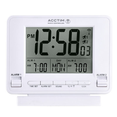 Acctim Delaware Digital Alarm Clock Radio Controlled Dual Couples Alarm Date & Temperature Display White