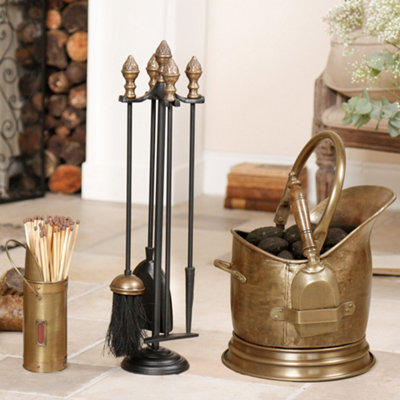 Acorn Companion Set with Brass Coal Bucket and Matches Canister