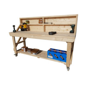 Acorn workbench, kiln-dry work station (H-90cm, D-64cm, L-120cm) with back panel and wheels