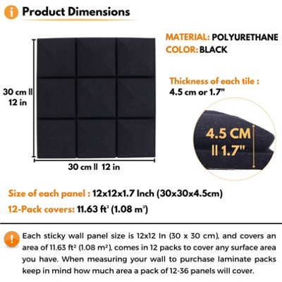 Acoustic Foam Wall Panels Pack of 12 Self-Adhesive (30x30x4.5cm) Peel ...