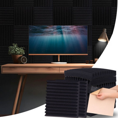 Acoustic Foam Wall Panels Pack of 12 Self-Adhesive (30x30x4.5cm) Peel & Stick Sound Proofing Panels for Studio - Triangular, Black