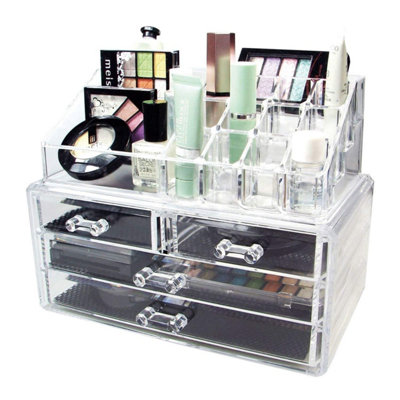 Acrylic Clear Make Up Organiser Cosmetic Storage - 4 Drawers With Removable Non Slip Mats - 12 Small And 4 Larger Compartments