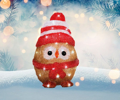 Acrylic Owl Christmas Light Bright White LED Lights Stripe Bobble Hat Scarf 32.5cm