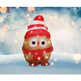 Acrylic Owl Christmas Light Bright White LED Lights Stripe Bobble Hat Scarf 32.5cm