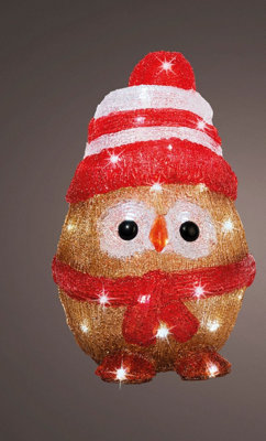 Acrylic Owl Christmas Light Bright White LED Lights Stripe Bobble Hat Scarf 32.5cm