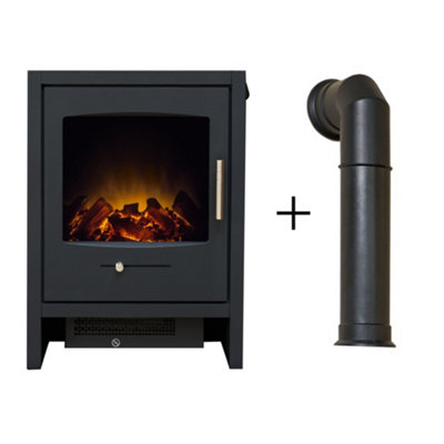 Adam Bergen Electric Stove in Charcoal Grey with Tall Angled Stove Pipe in Black
