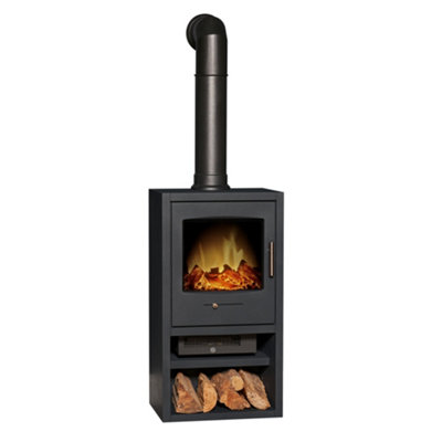 Adam Bergen XL Electric Stove in Charcoal Grey with Tall Angled Stove Pipe in Black