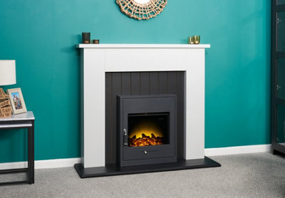 Adam Chessington Fireplace in Pure White & Black with Oslo Electric Inset Stove, 48 Inch