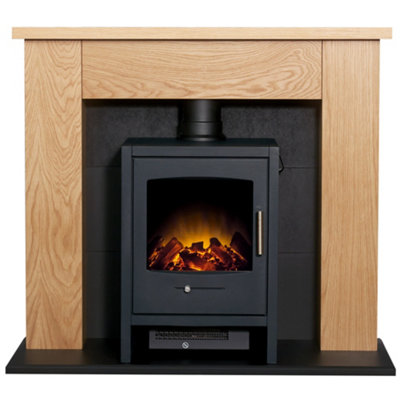 Adam Chester Stove Fireplace in Oak & Black with Bergen Electric Stove in Charcoal Grey, 39 Inch