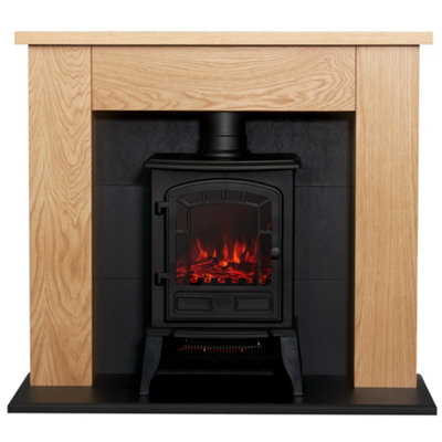 Adam Chester Stove Fireplace in Oak & Black with Sureflame Ripon Electric Stove in Black, 39 Inch