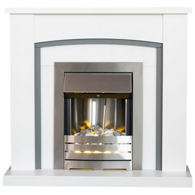 Adam Chilton Fireplace in Pure White & Grey with Helios Electric Fire in Brushed Steel, 39 Inch