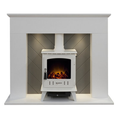 Adam Corinth Stove Fireplace in Pure White & Grey with Downlights & Aviemore Electric Stove in White, 48 Inch