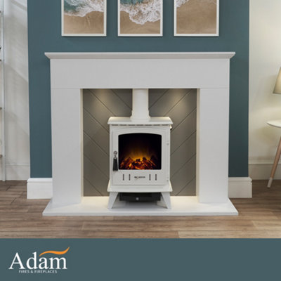 Adam Corinth Stove Fireplace in Pure White u0026 Grey with Downlights u0026 Aviemore  Electric Stove in White, 48 Inch | DIY at Bu0026Q