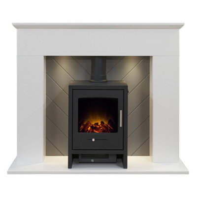 Adam Corinth Stove Fireplace in Pure White & Grey with Downlights & Bergen Electric Stove in Charcoal Grey, 48 Inch Price Comparisons | Compare The Build