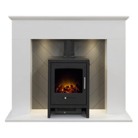 Adam Corinth Stove Fireplace in Pure White & Grey with Downlights & Bergen Electric Stove in Charcoal Grey, 48 Inch