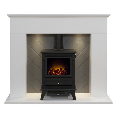 Adam Corinth Stove Fireplace in Pure White & Grey with Downlights & Hudson Electric Stove in Black, 48 Inch