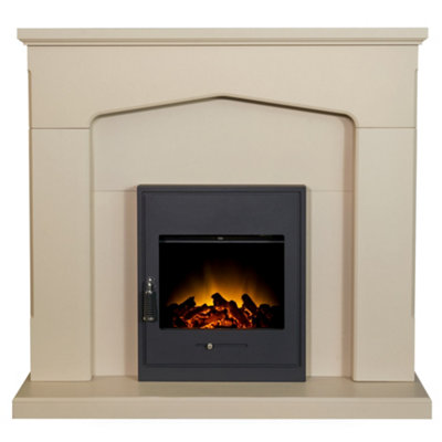 Adam Cotswold Fireplace in Stone Effect with Oslo Electric Inset Stove in Black, 48 Inch