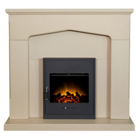Adam Cotswold Fireplace in Stone Effect with Oslo Electric Inset Stove in Black, 48 Inch