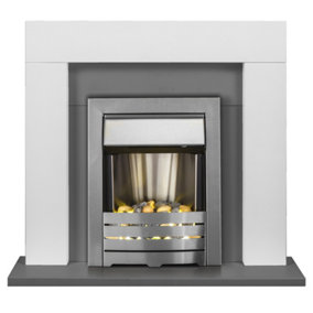 Adam Dakota Fireplace in Pure White & Grey with Helios Electric Fire in Brushed Steel, 39 Inch