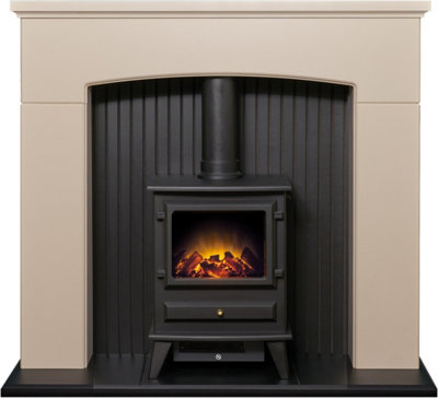 Adam Derwent Stove Fireplace in Cream & Black with Hudson Electric Stove in Black, 48 Inch