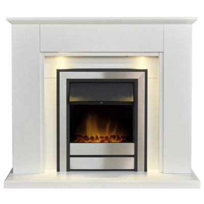 Adam Eltham Fireplace in Pure White with Downlights & Argo Electric Fire in Brushed Steel, 45 Inch