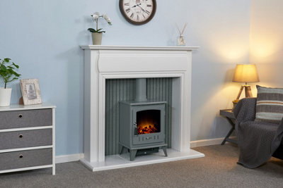 Adam Florence Stove Fireplace in Pure White with Aviemore Electric Stove in Grey Enamel, 48 Inch