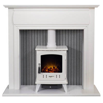 Adam Florence Stove Fireplace in Pure White with Aviemore Electric Stove in White Enamel, 48 Inch