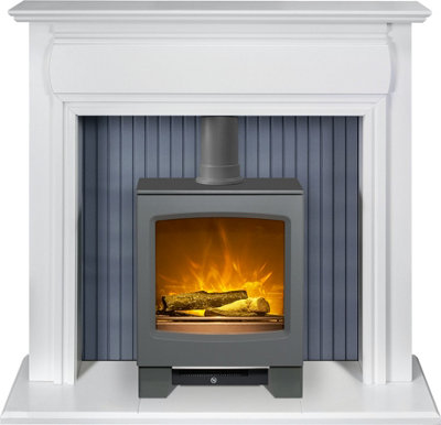 Adam Florence Stove Fireplace in Pure White with Lunar Electric Stove in Grey, 48 Inch