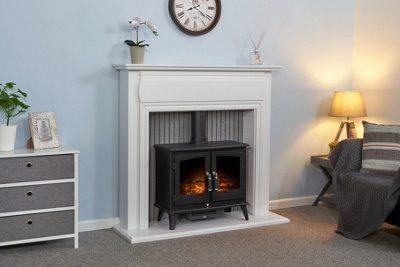 Adam Florence Stove Fireplace in Pure White with Woodhouse Electric Stove in Black, 48 Inch