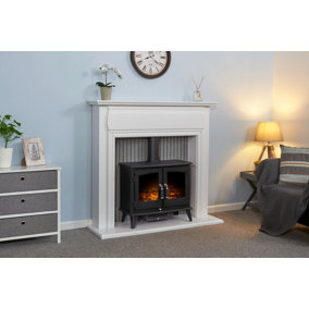 Adam Florence Stove Fireplace in Pure White with Woodhouse Electric Stove in Black, 48 Inch