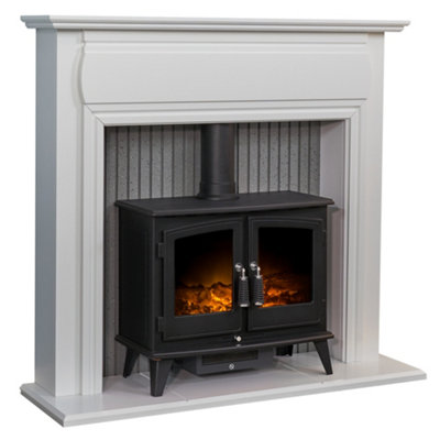 Adam Florence Stove Fireplace in Pure White with Woodhouse Electric Stove in Black, 48 Inch