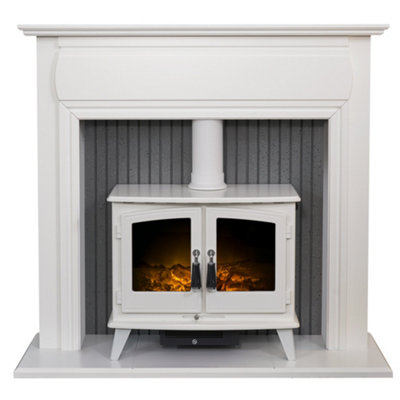 Adam Florence Stove Suite in Pure White with Woodhouse Electric Stove in White, 48 Inch