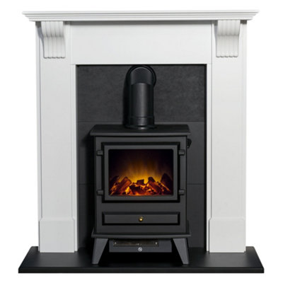 Adam Harrogate Stove Fireplace in Pure White & Black with Hudson Electric Stove in Black, 39 Inch