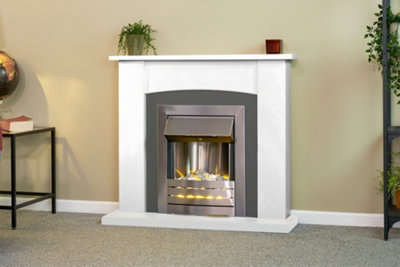 Adam Holden Fireplace in Pure White u0026 Grey/White with Helios Electric Fire  in Brushed Steel, 39 Inch | DIY at Bu0026Q
