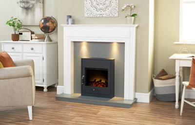 Adam Honley Fireplace in Pure White & Grey with Oslo Electric Inset Stove in Black, 48 Inch