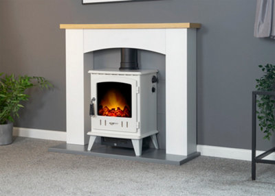 Adam Huxley in Pure White & Grey with Aviemore Electric Stove in White Enamel, 39 Inch