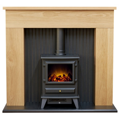 Adam Innsbruck Stove Fireplace in Oak with Hudson Electric Stove in Black, 45 Inch