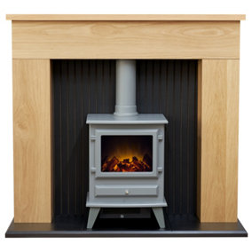 Adam Innsbruck Stove Fireplace in Oak with Hudson Electric Stove in Grey, 45 Inch