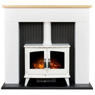 Adam Innsbruck Stove Fireplace in Pure White with Woodhouse Electric Stove in White, 45 Inch