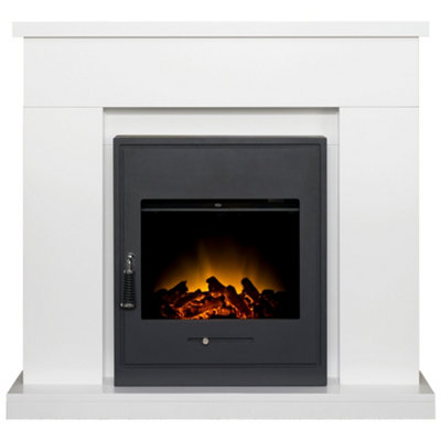 Adam Lomond Fireplace in Pure White with Oslo Electric Inset Stove in Black, 39 Inch