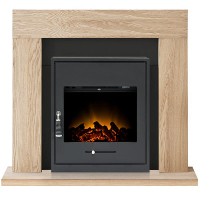 Adam Malmo Fireplace in Oak & Black with Oslo Electric Inset Stove in Black, 39 Inch