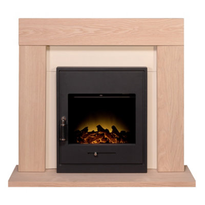 Adam Malmo Fireplace in Oak & Cream with Oslo Electric Inset Stove in Black, 39 Inch