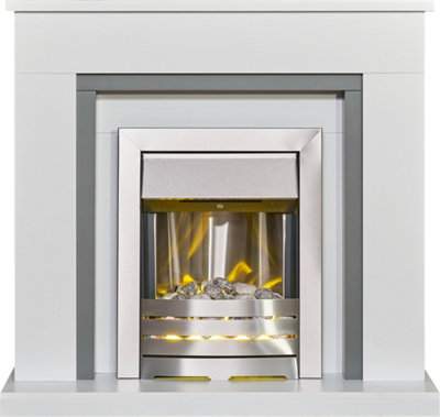 Adam Milan Fireplace in Pure White & Grey with Helios Electric Fire in Brushed Steel, 39 Inch