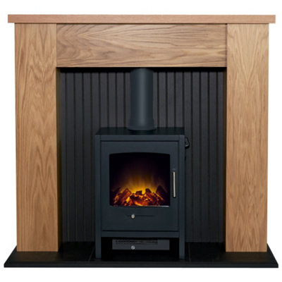 Adam New England Stove Fireplace in Oak & Black with Bergen Electric Stove in Charcoal Grey, 48 Inch