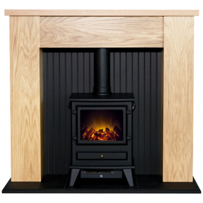 Adam New England Stove Fireplace in Oak u0026 Black with Hudson Electric Stove  in Black, 48 Inch | DIY at Bu0026Q