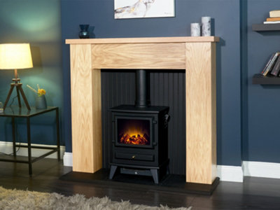Adam New England Stove Fireplace in Oak u0026 Black with Hudson Electric Stove  in Black, 48 Inch | DIY at Bu0026Q