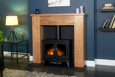 Adam New England Stove Fireplace in Oak & Black with Woodhouse Electric Stove in Black, 48 Inch