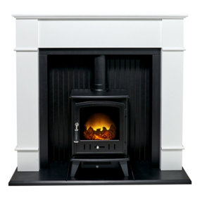 Adam Oxford Stove Fireplace in Pure White with Aviemore Electric Stove in Black, 48 Inch